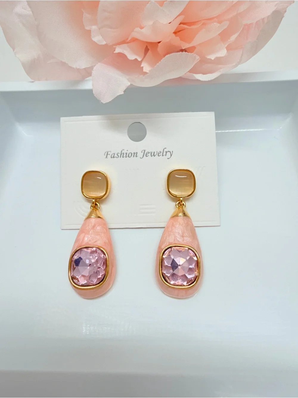 Pink Teardrop Earrings with Faceted Lilac Stones Lead and nickol free